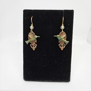 Silver Forest Copper Green Hummingbird Dangle Earrings Lever Back Drop